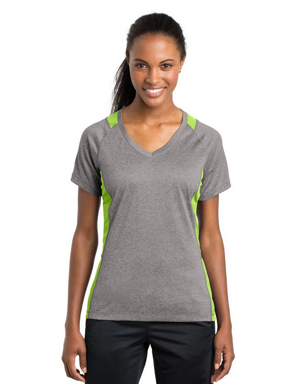 LST361 Sport-Tek Ladies Heather Colorblock Contender V-Neck Tee