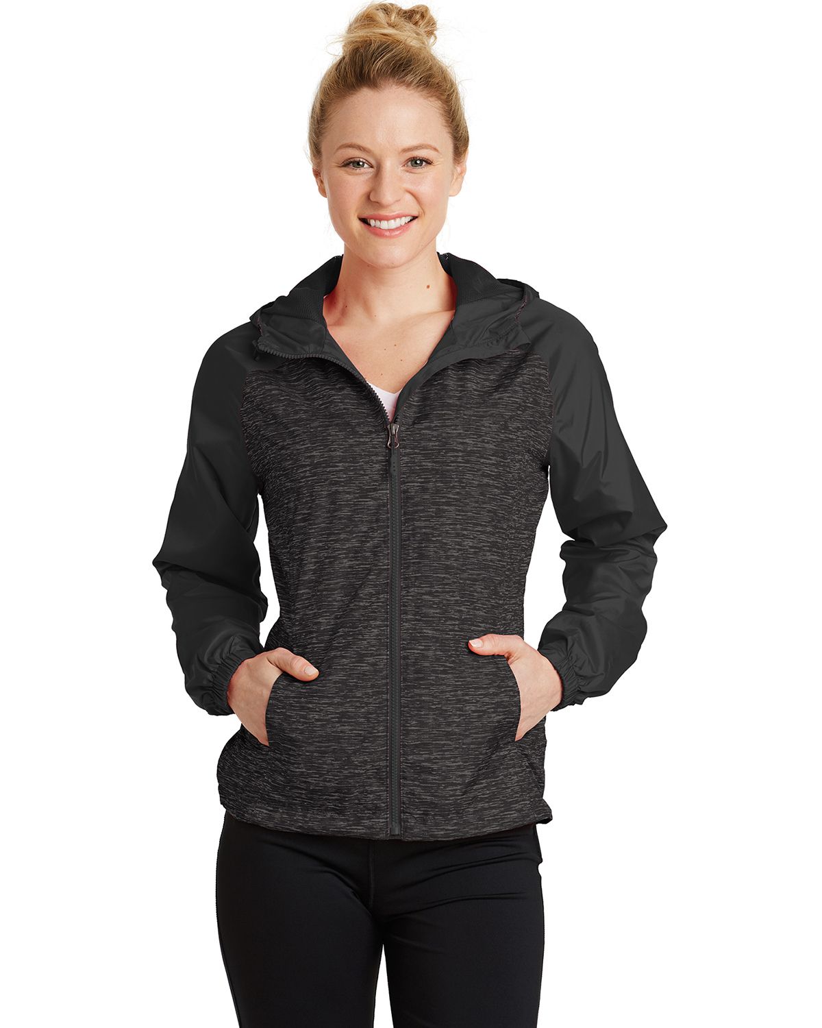 LST40 Sport-Tek Ladies Heather Colorblock Raglan Hooded Wind Jacket.