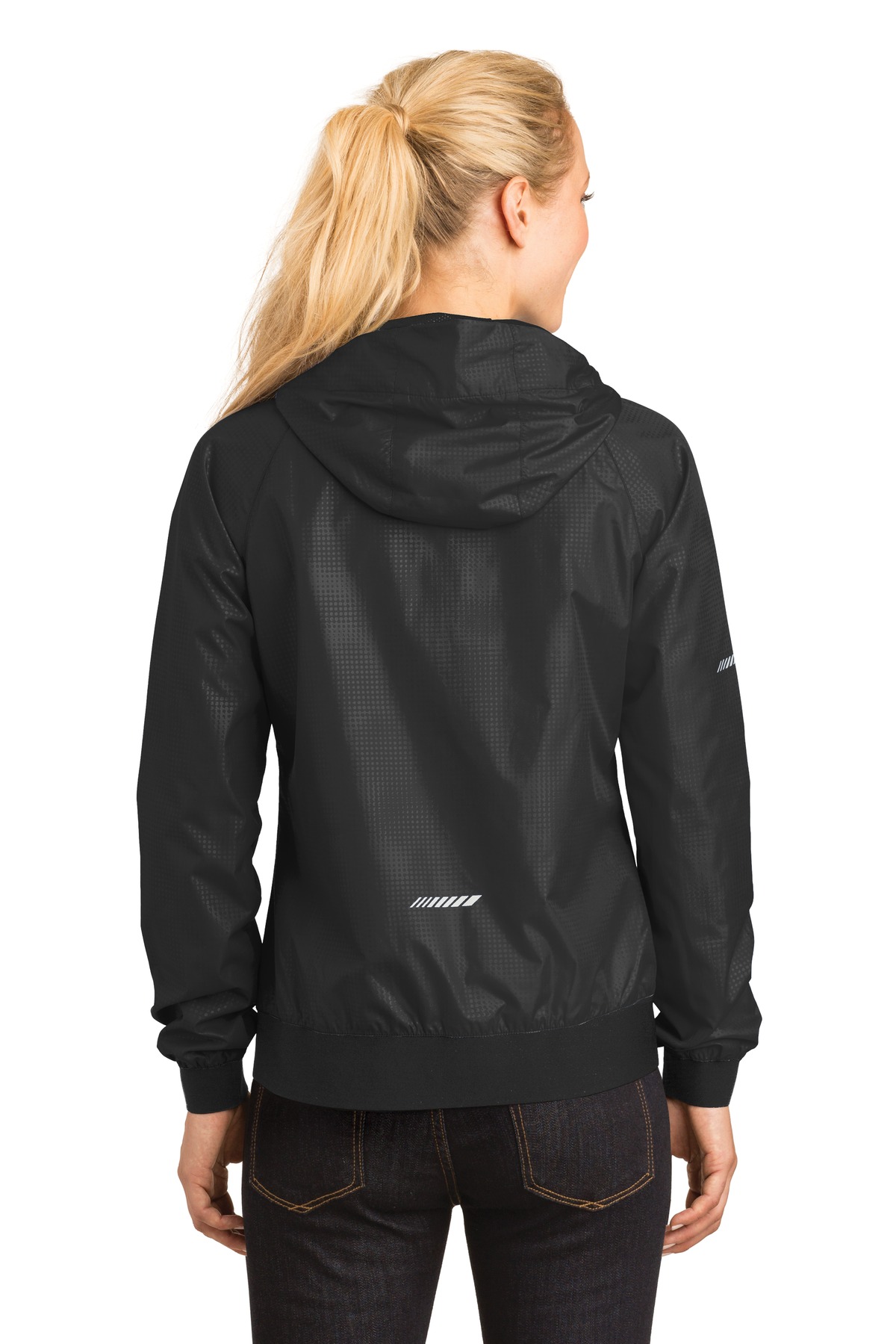 LST53 Sport-Tek Ladies Embossed Hooded Wind Jacket. - Back Image