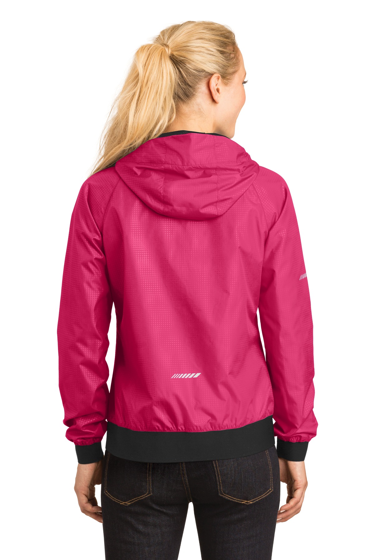 LST53 Sport-Tek Ladies Embossed Hooded Wind Jacket. - Back Image