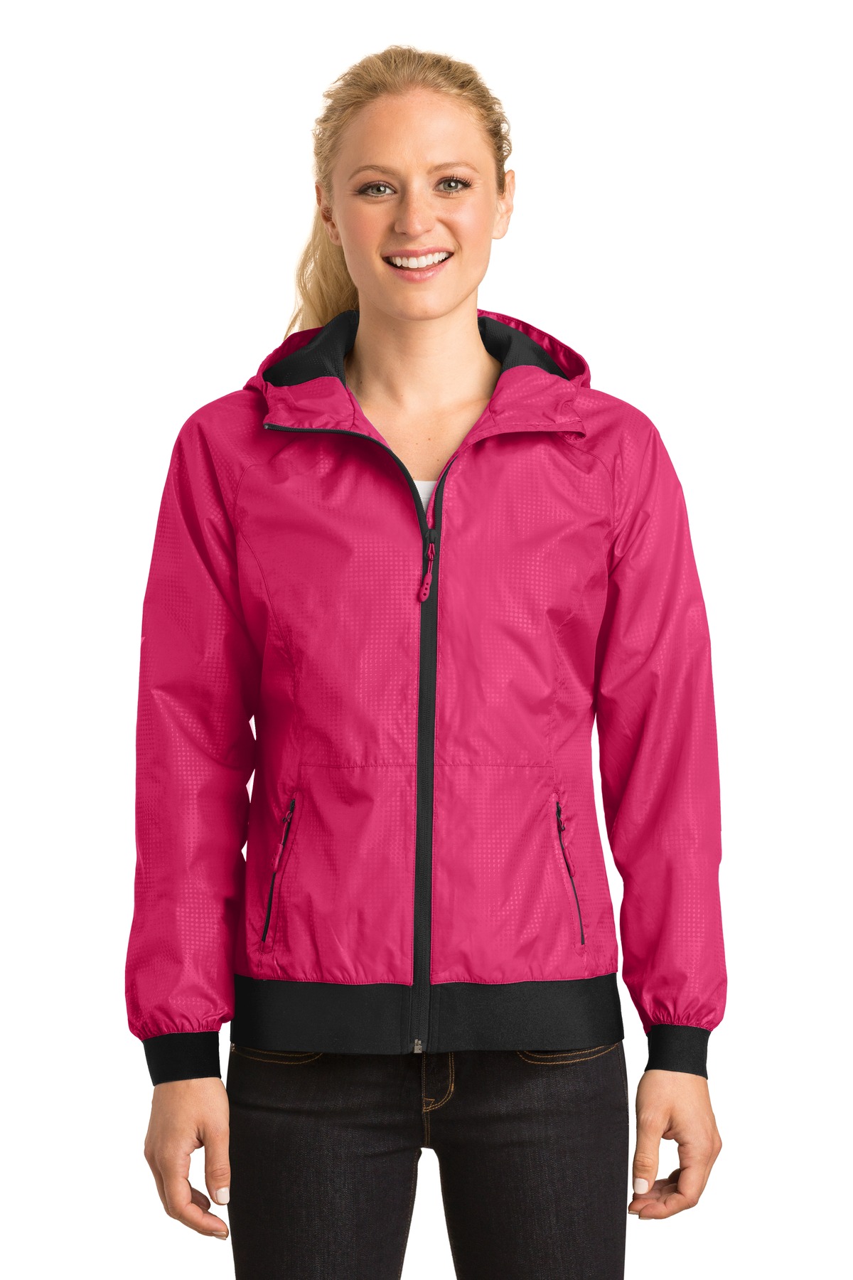 LST53 Sport-Tek Ladies Embossed Hooded Wind Jacket. LST53 Sport-Tek Ladies Embossed Hooded Wind Jacket.