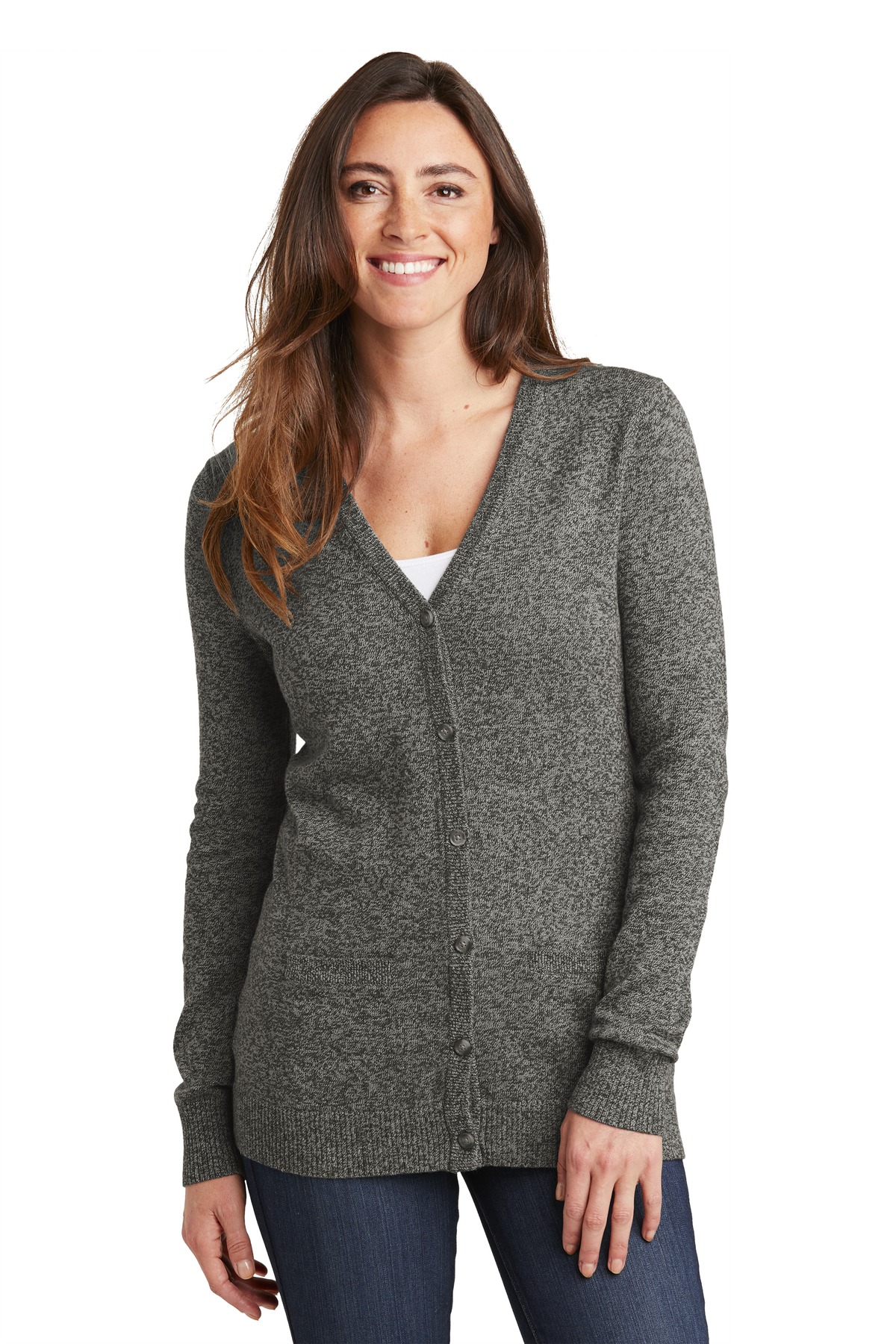 LSW415 Port Authority Ladies Marled Cardigan Sweater.
