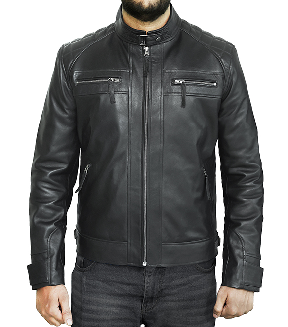 JNLJ188 Men's Black Leather Biker Jacket with Quilted Shoulders Zoom Image