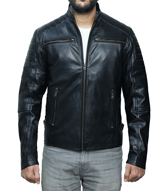JNLJ190 Men's Cafe Racer Zip-Up Quilted Leather Biker Jacket Zoom Image