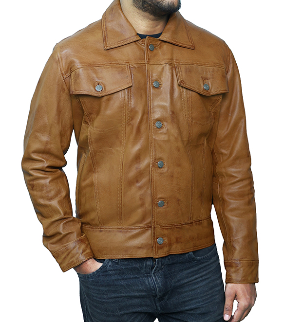 JNLJ191 Men's Camel Brown Slim Fit Trucker Leather Jacket Zoom Image