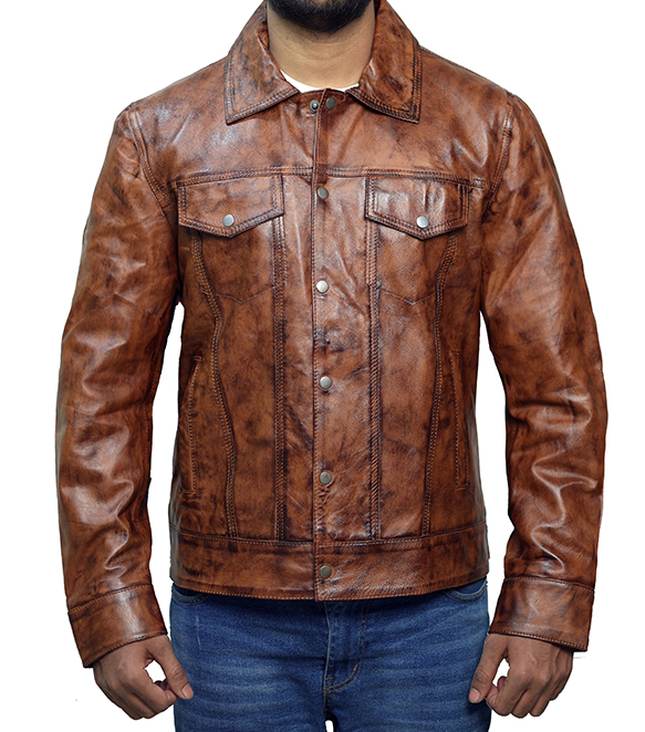 JNLJ192 Men's Dark Brown Trucker Genuine Leather Jacket Zoom Image