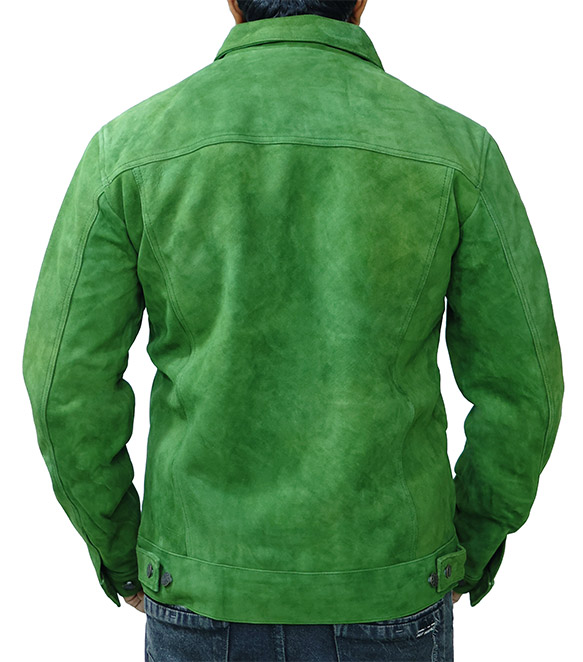 JNLJ193 Men’s Green Suede Trucker 100% Real Leather Jacket - Back Image