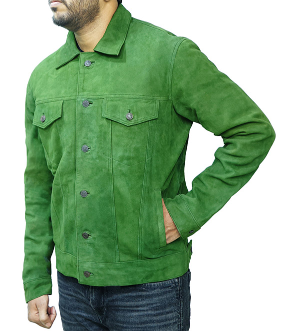 JNLJ193 Men’s Green Suede Trucker 100% Real Leather Jacket - Siide Image