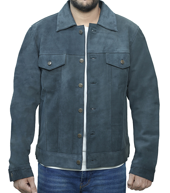 JNLJ194 Men’s Grey Suede Trucker 100% Real Leather Jacket Zoom Image