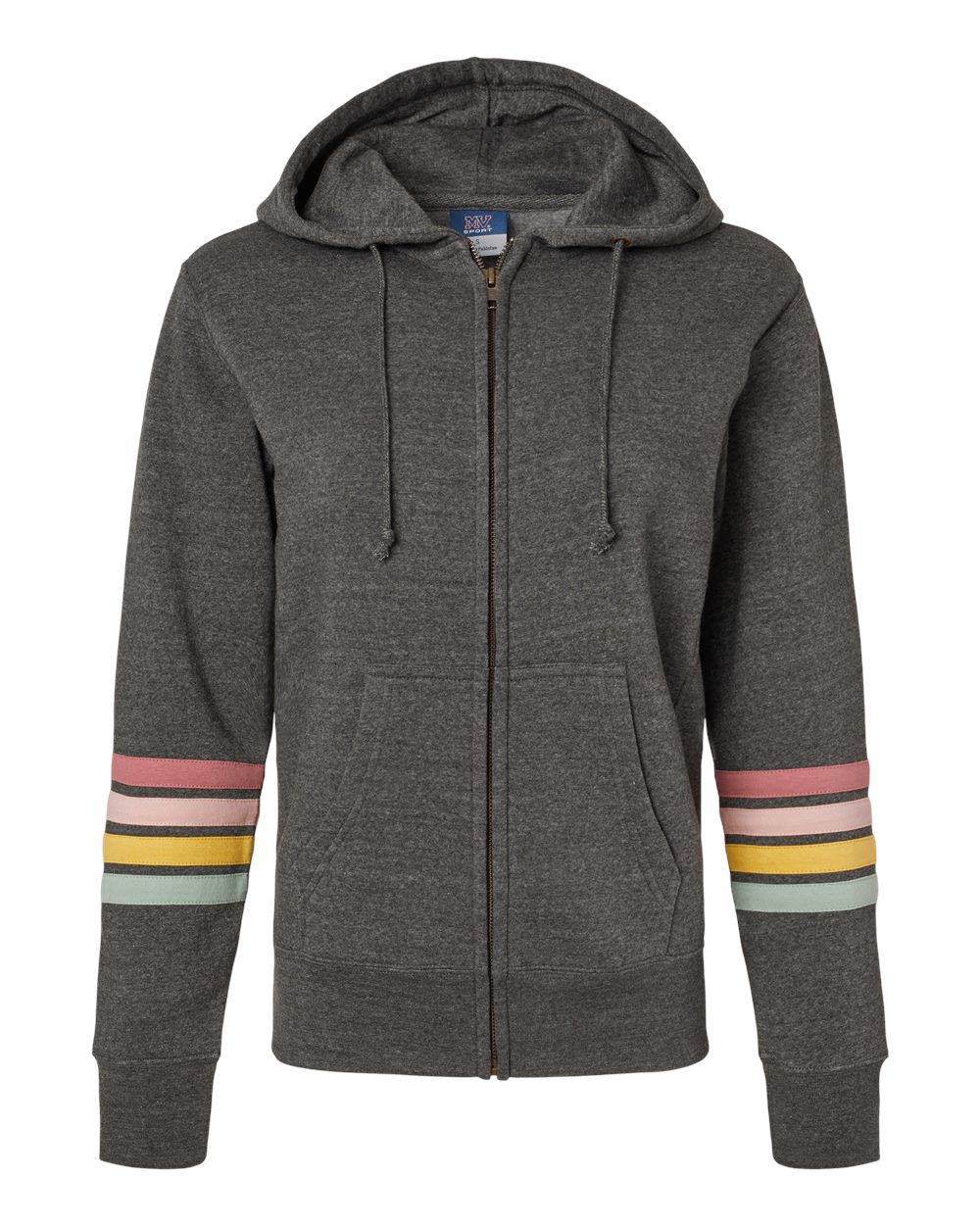 W22732 MV Sport Womens Striped Sleeves Full-Zip Hooded Sweatshirt