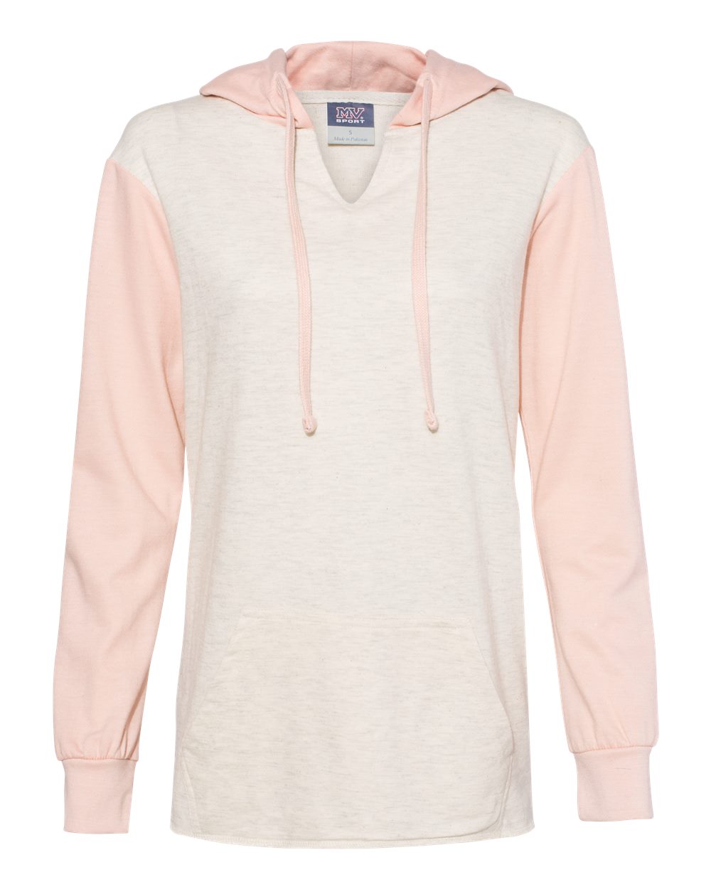 W20145 MV Sport Women’s French Terry Hooded Pullover with Colorblocked Sleeves W20145 MV Sport Women’s French Terry Hooded Pullover with Colorblocked Sleeves