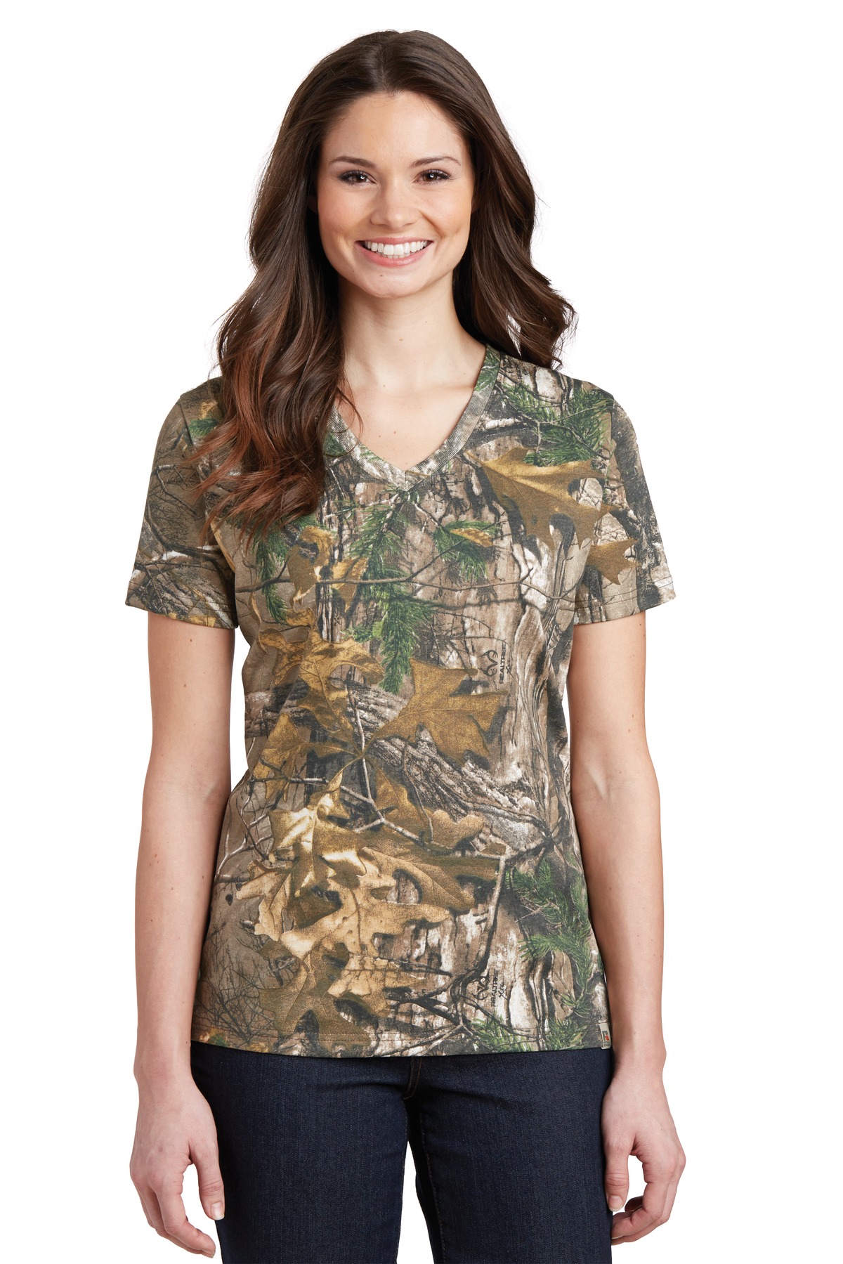 LRO54V Russell Outdoors  Realtree Ladies 100% Cotton V-Neck T-Shirt.