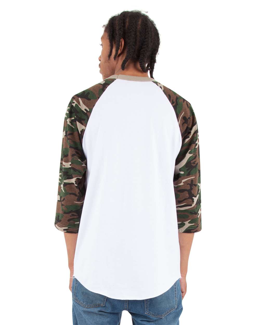 SHRAGCM Shaka Wear Adult 6 oz., 3/4-Sleeve Camo Raglan T-Shirt - Back Image