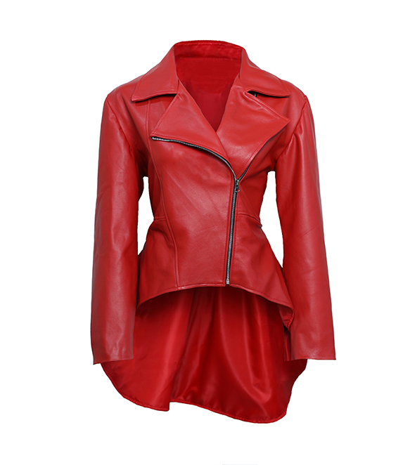 JNLJ201 Women's Asymmetrical Red Peplum Leather Jacket Zoom Image