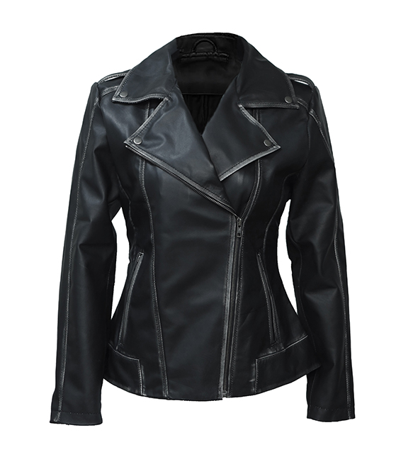 JNLJ203 Women's Two-way Long Sleeve Zip Up Back Design Leather Biker Jacket Zoom Image