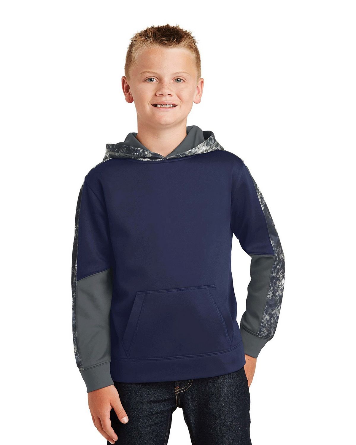 YST231 Sport-Tek Youth Sport-Wick Mineral Freeze Fleece Colorblock Hooded Pullover.