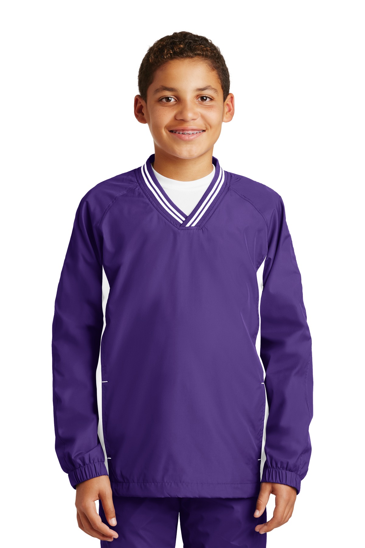 YST62 Sport-Tek Youth Tipped V-Neck Raglan Wind Shirt.